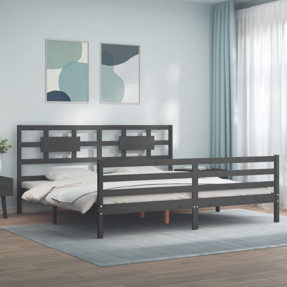 vidaXL Bedframe met hoofdbord massief hout grijs 200x200 cm vidaXL Bedframe met hoofdbord massief hout grijs 200x200 cm afbeelding 1