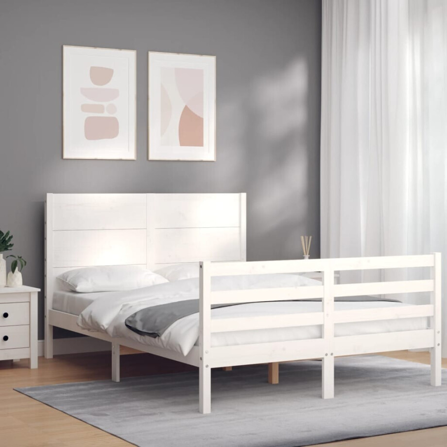 vidaXL Bedframe met hoofdbord massief hout wit 140x190 cm afbeelding 1