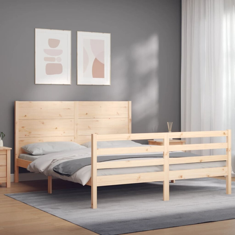 vidaXL Bedframe met hoofdbord massief hout 160x200 cm afbeelding 1