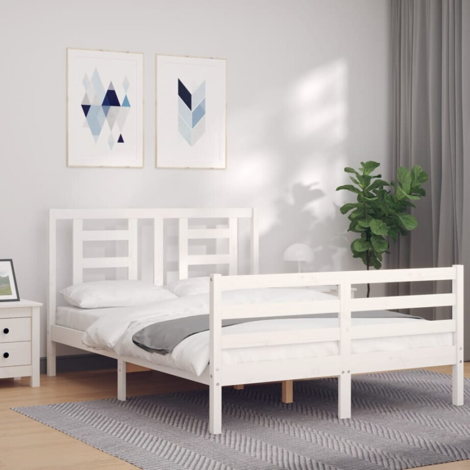 vidaXL Bedframe met hoofdbord massief hout wit 140x190 cm afbeelding 1