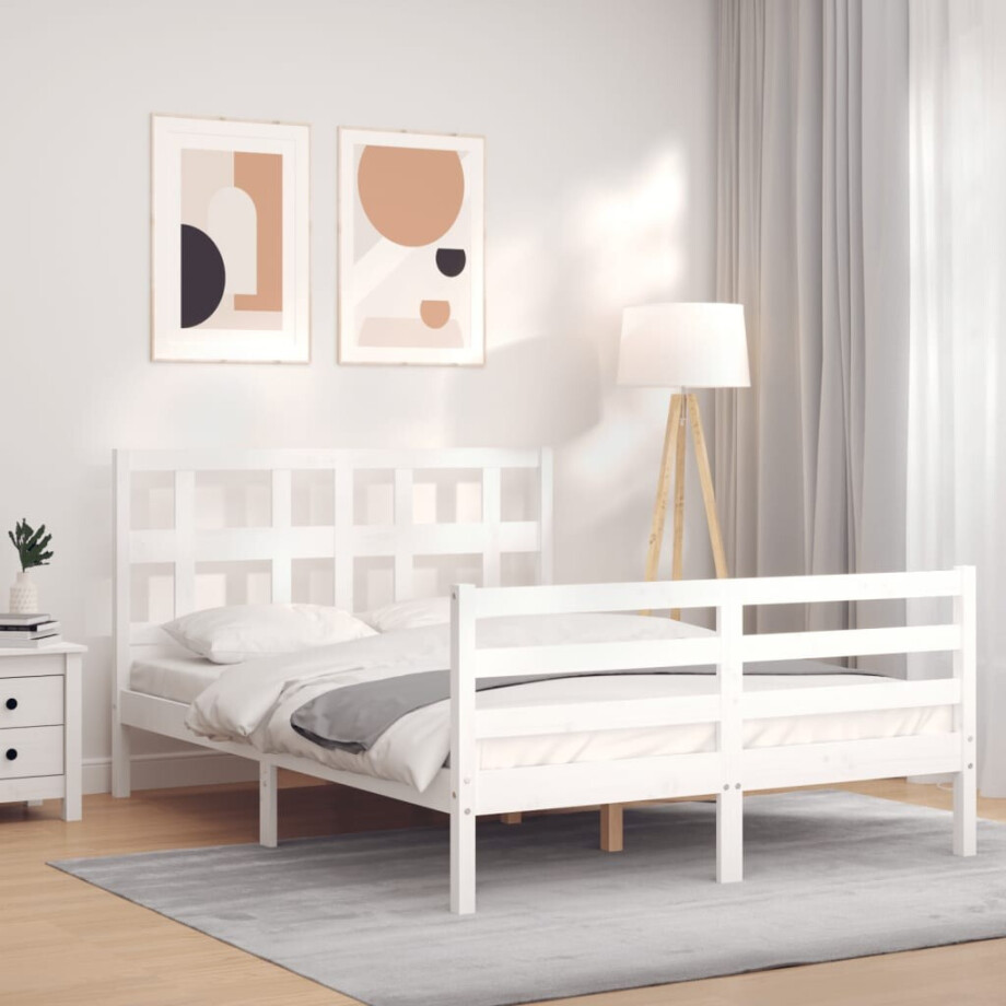 vidaXL Bedframe met hoofdbord massief hout wit 140x190 cm afbeelding 1