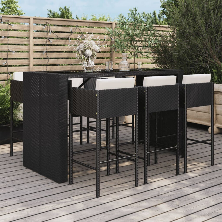 vidaXL 7-delige Tuinbarset met kussens poly rattan zwart afbeelding 1