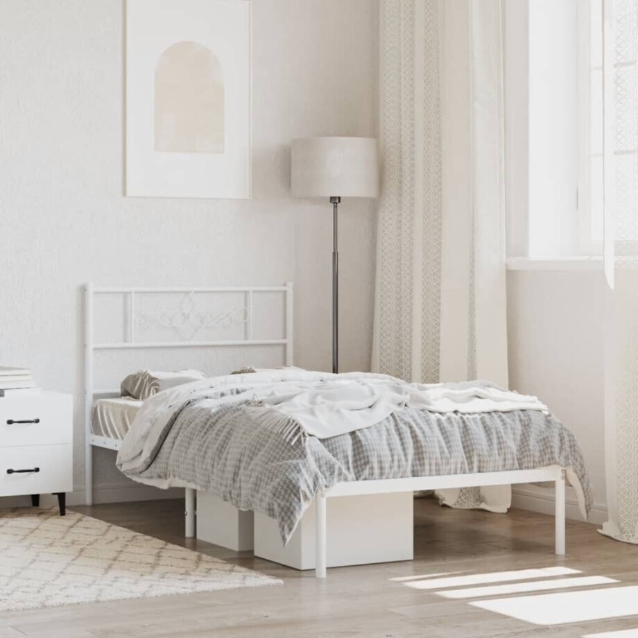 vidaXL Bedframe met hoofdbord zonder matras metaal wit 75x190 cm afbeelding 1