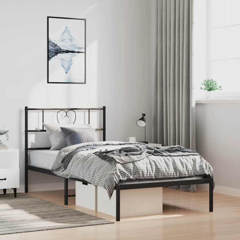 vidaXL Bedframe met hoofdbord metaal zwart 100x190 cm afbeelding 1