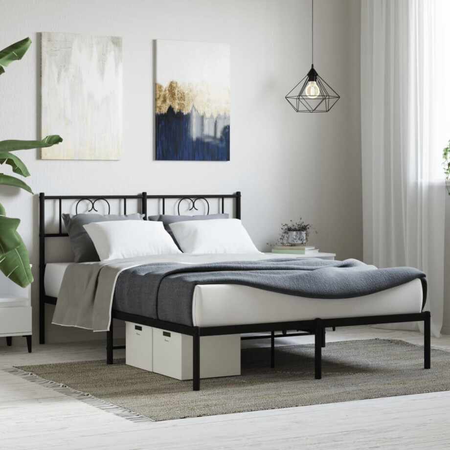 vidaXL Bedframe met hoofdbord metaal zwart 140x190 cm afbeelding 1