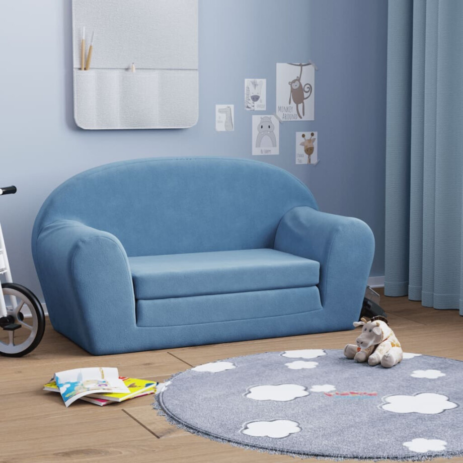 vidaXL Kinderslaapbank 2-zits zacht pluche blauw afbeelding 1