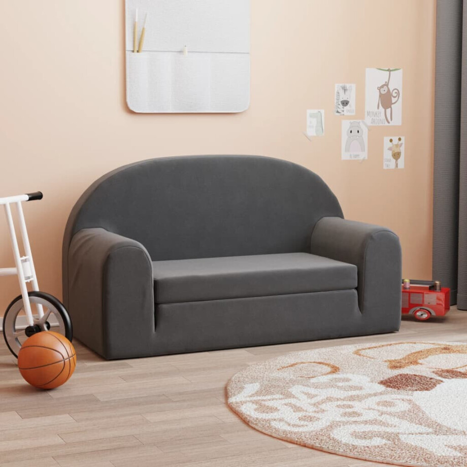 vidaXL Kinderslaapbank 2-zits zacht pluche antracietkleurig afbeelding 1