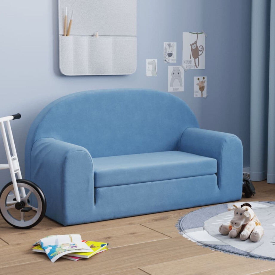 vidaXL Kinderslaapbank 2-zits zacht pluche blauw afbeelding 1