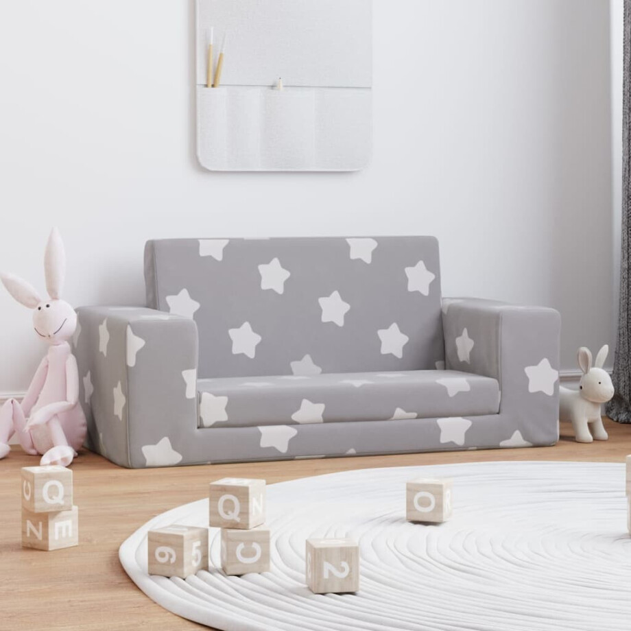 vidaXL Kinderslaapbank 2-zits met sterren zacht pluche lichtgrijs afbeelding 1