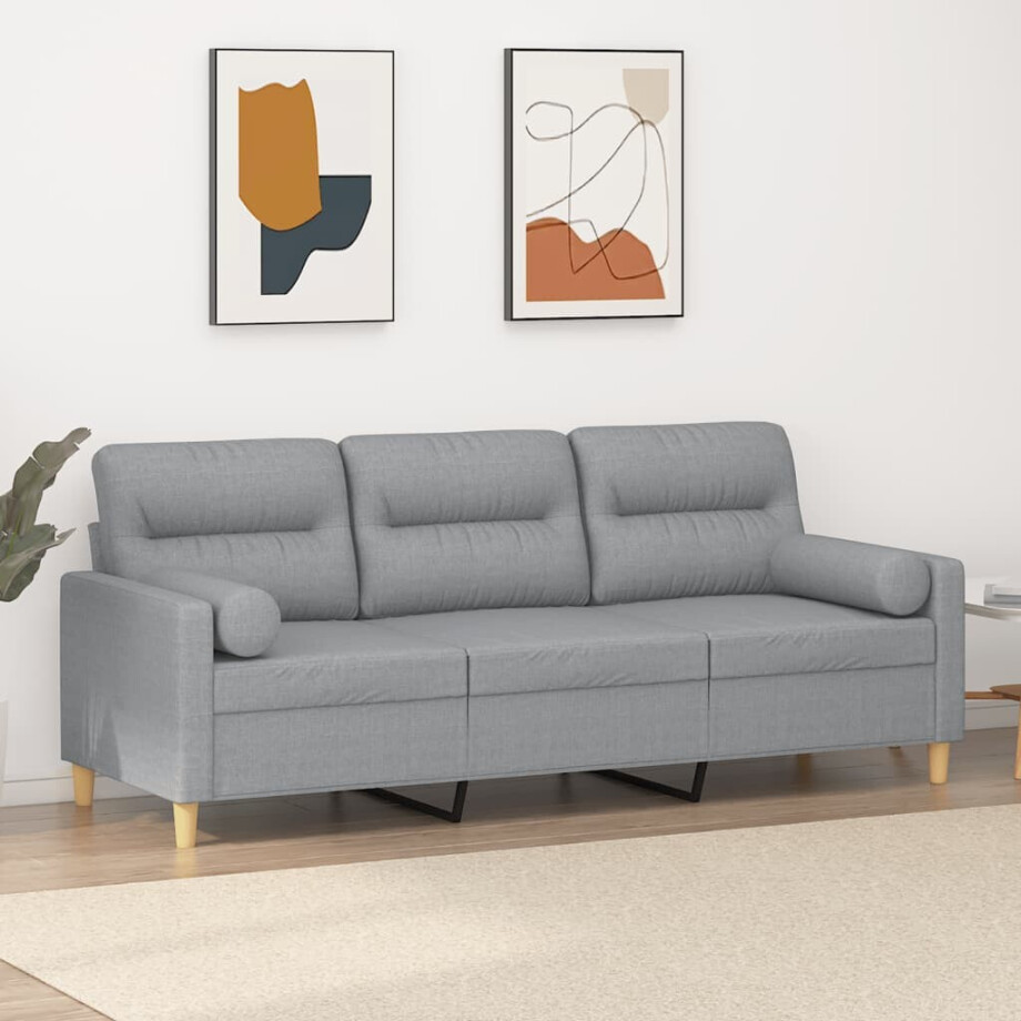 vidaXL Driezitsbank met sierkussens 180 cm stof lichtgrijs afbeelding 1