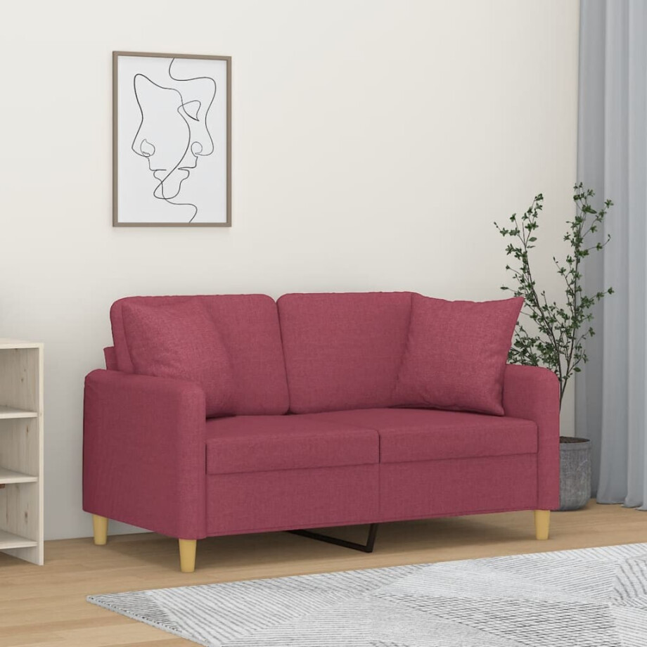vidaXL Tweezitsbank met sierkussens 120 cm stof wijnrood vidaXL Tweezitsbank met sierkussens 120 cm stof wijnrood afbeelding 1