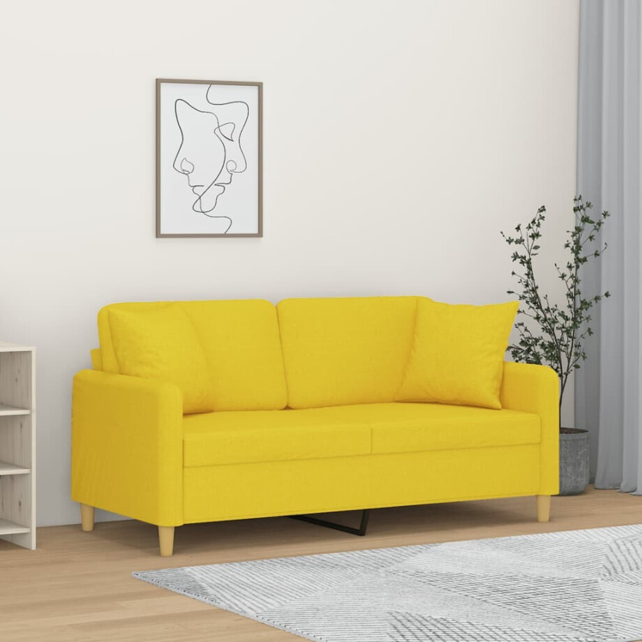 vidaXL Tweezitsbank met sierkussens 140 cm stof lichtgeel vidaXL Tweezitsbank met sierkussens 140 cm stof lichtgeel afbeelding 1
