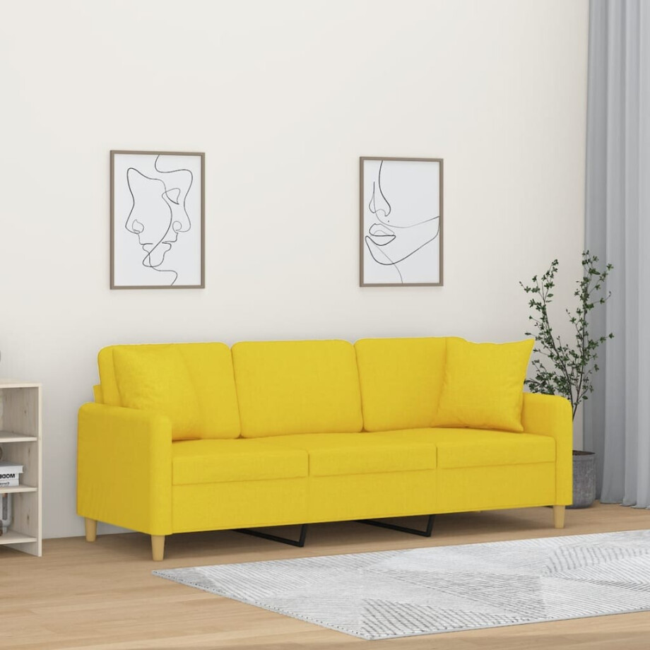 vidaXL Driezitsbank met sierkussens 180 cm stof lichtgeel vidaXL Driezitsbank met sierkussens 180 cm stof lichtgeel afbeelding 1