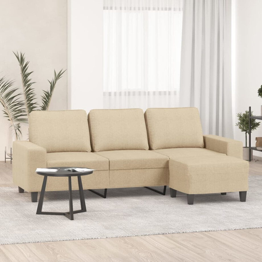 vidaXL Driezitsbank met voetenbank 180 cm stof crèmekleurig afbeelding 1