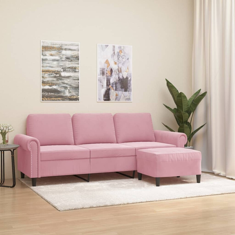 vidaXL Driezitsbank met voetenbank 180 cm fluweel roze afbeelding 1