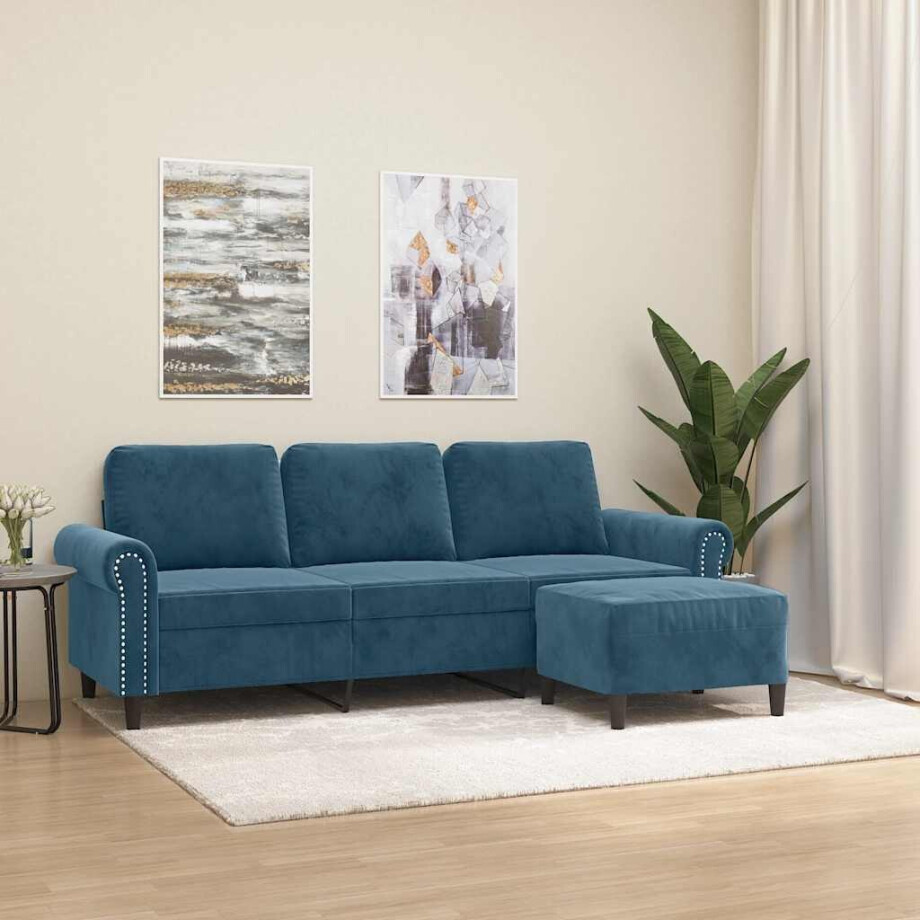 vidaXL Driezitsbank met voetenbank 180 cm fluweel blauw afbeelding 1