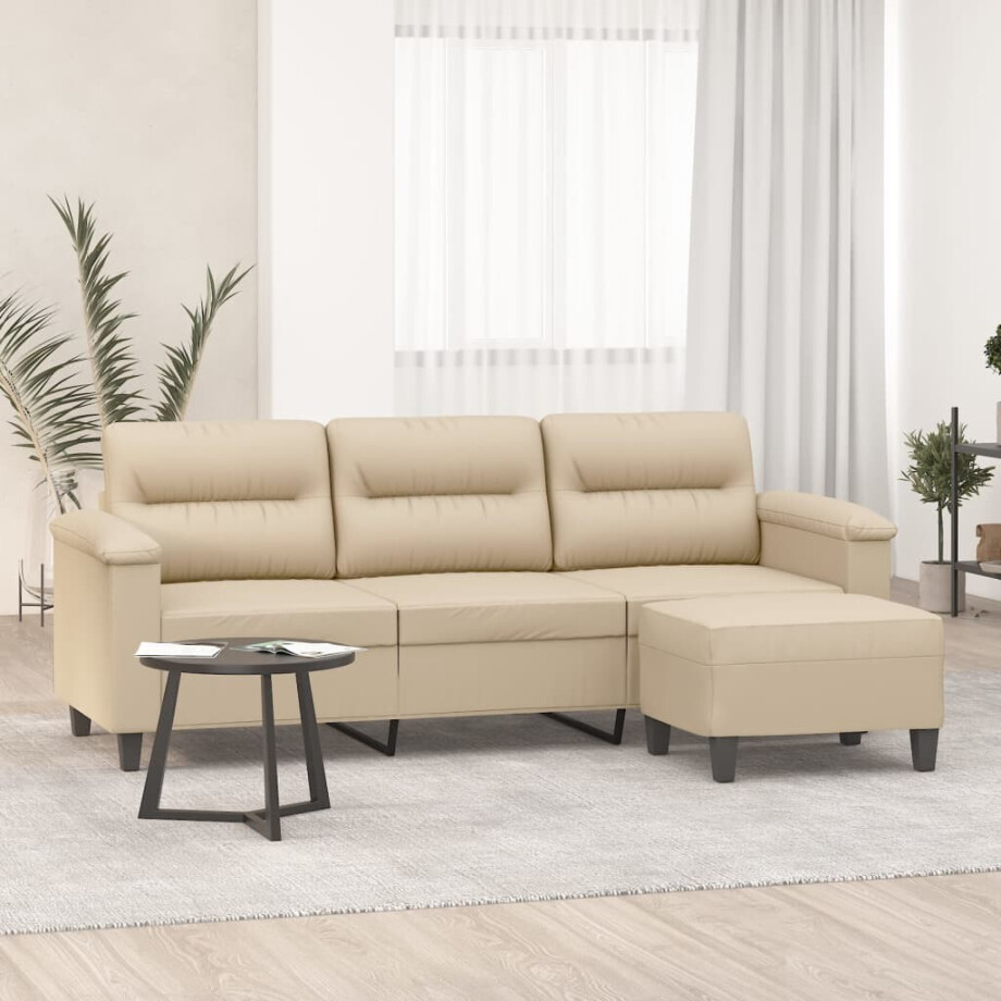 vidaXL Driezitsbank met voetenbank 180 cm microvezelstof crème afbeelding 1