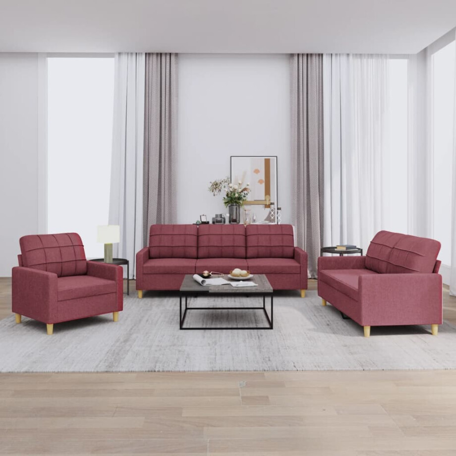 vidaXL 3-delige Loungeset met kussens stof wijnrood vidaXL 3-delige Loungeset met kussens stof wijnrood afbeelding 1