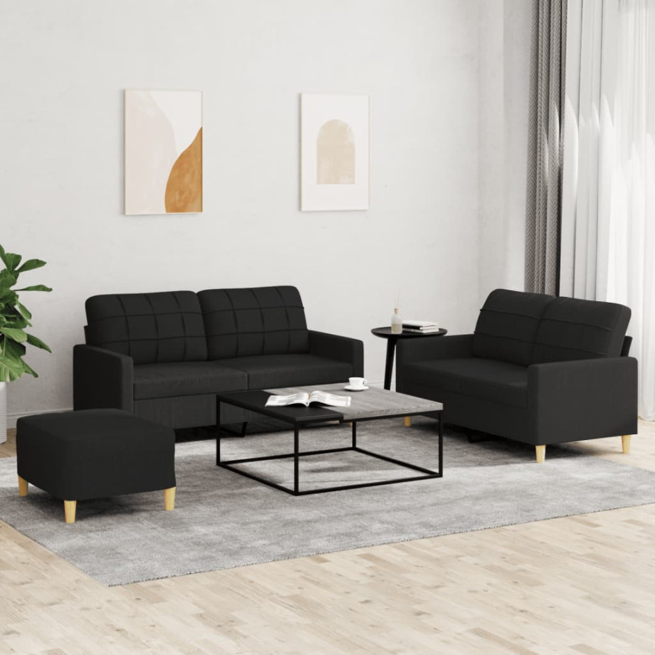 vidaXL 3-delige loungeset met kussens stof zwart afbeelding 1