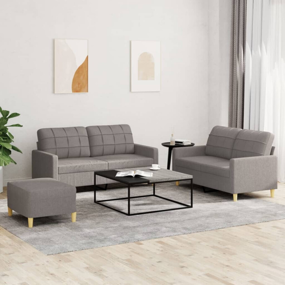 vidaXL 3-delige Loungeset met kussens stof taupe afbeelding 1