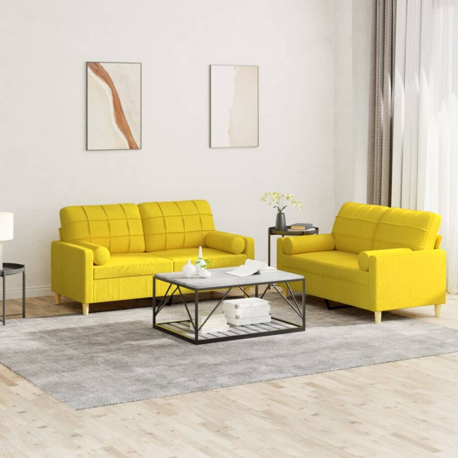vidaXL 2-delige Loungeset met kussens stof lichtgeel afbeelding 1