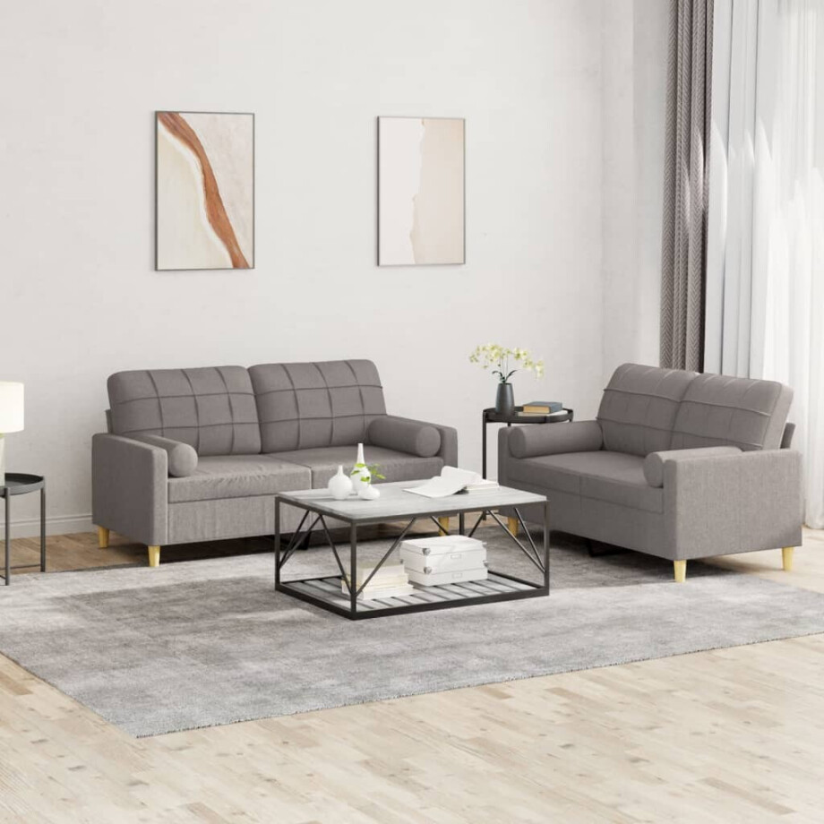 vidaXL 2-delige Loungeset met kussens stof taupe afbeelding 1