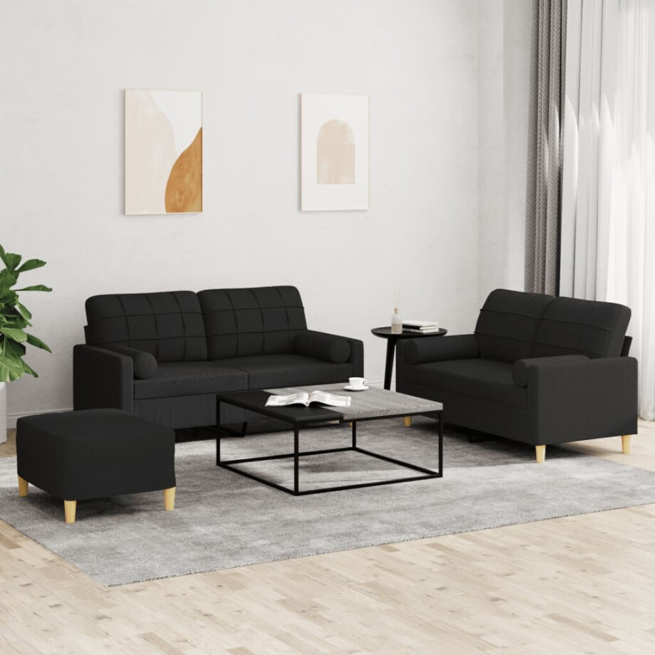 vidaXL 3-delige Loungeset met kussens stof zwart afbeelding 1