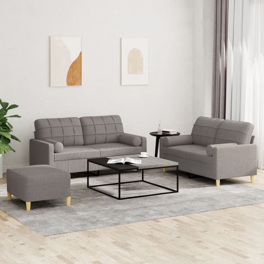 vidaXL 3-delige Loungeset met kussens stof taupe afbeelding 1