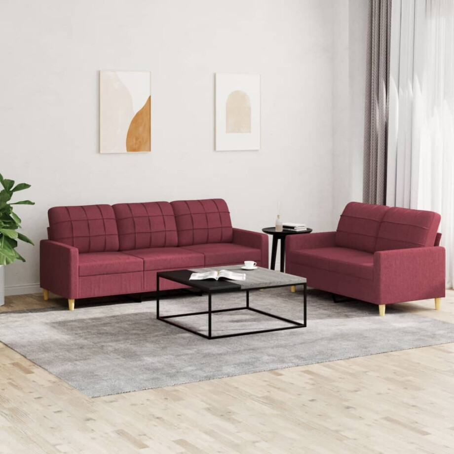 vidaXL 2-delige Loungeset met kussens stof wijnrood vidaXL 2-delige Loungeset met kussens stof wijnrood afbeelding 1