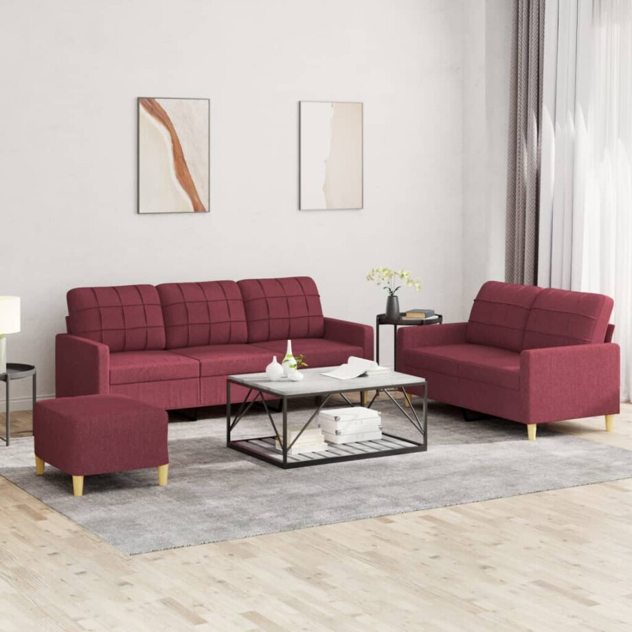 vidaXL 3-delige Loungeset met kussens stof wijnrood afbeelding 1