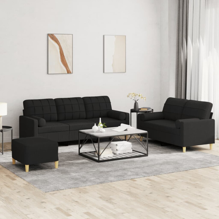 vidaXL 3-delige Loungeset met kussens stof zwart afbeelding 1