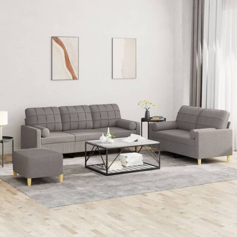 vidaXL 3-delige Loungeset met kussens stof taupe afbeelding 1