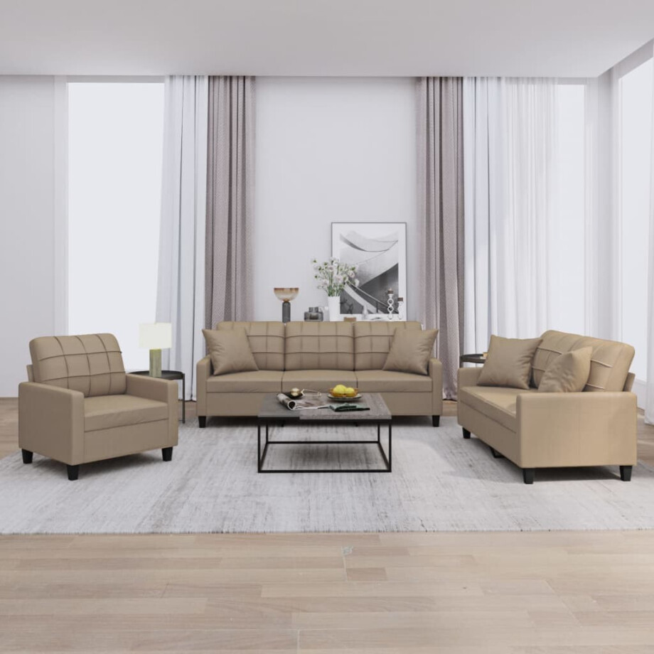vidaXL 3-delige Loungeset met kussens kunstleer cappuccinokleurig afbeelding 1