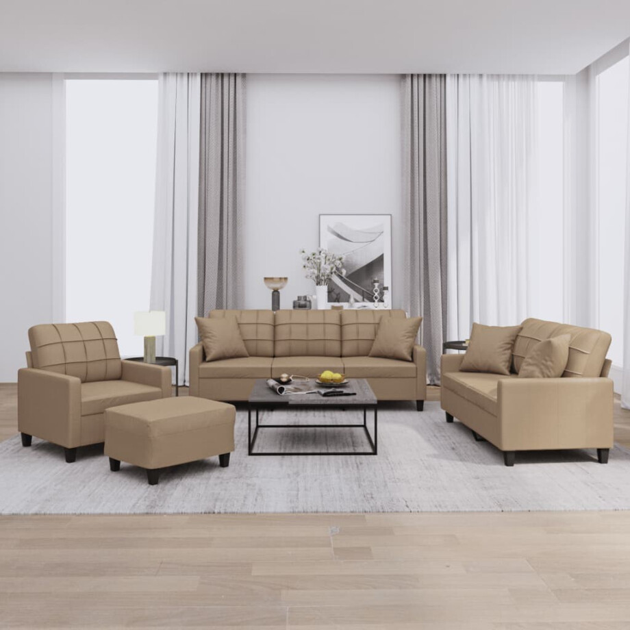 vidaXL 4-delige Loungeset met kussens kunstleer cappuccinokleurig vidaXL 4-delige Loungeset met kussens kunstleer cappuccinokleurig afbeelding 1