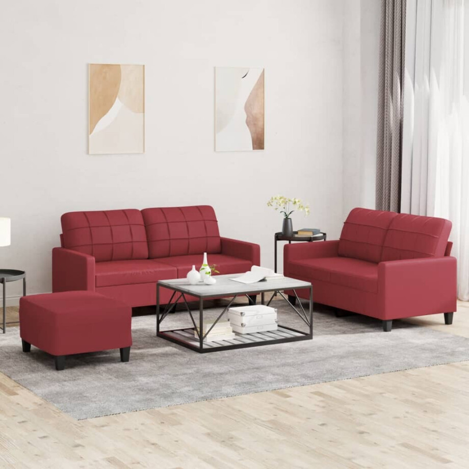 vidaXL 3-delige Loungeset met kussens kunstleer wijnrood afbeelding 1