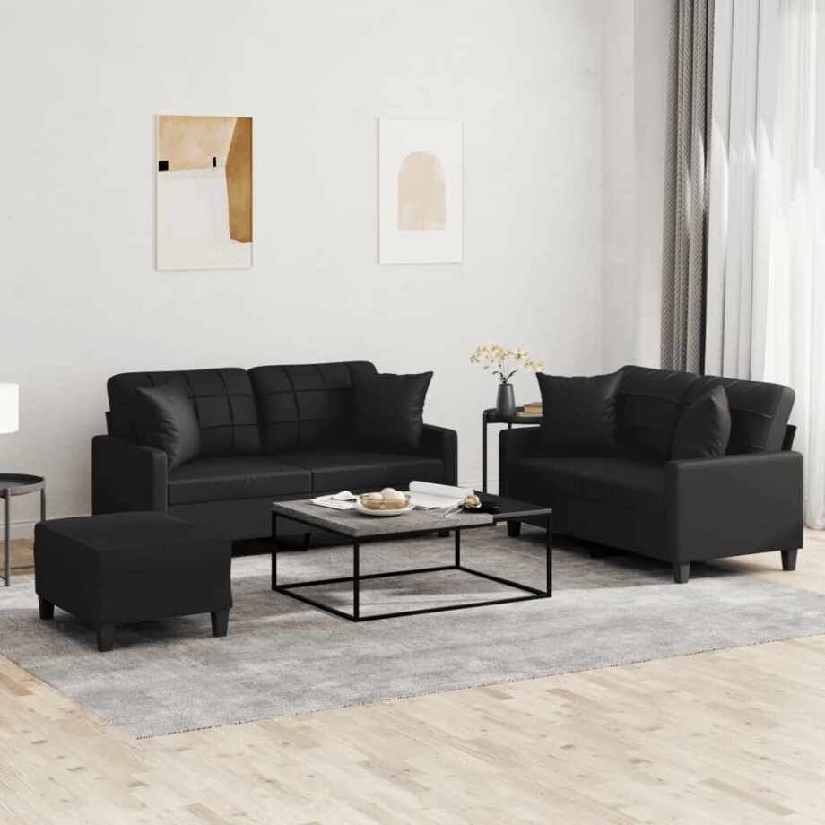 vidaXL 3-delige Loungeset met kussens kunstleer zwart afbeelding 1