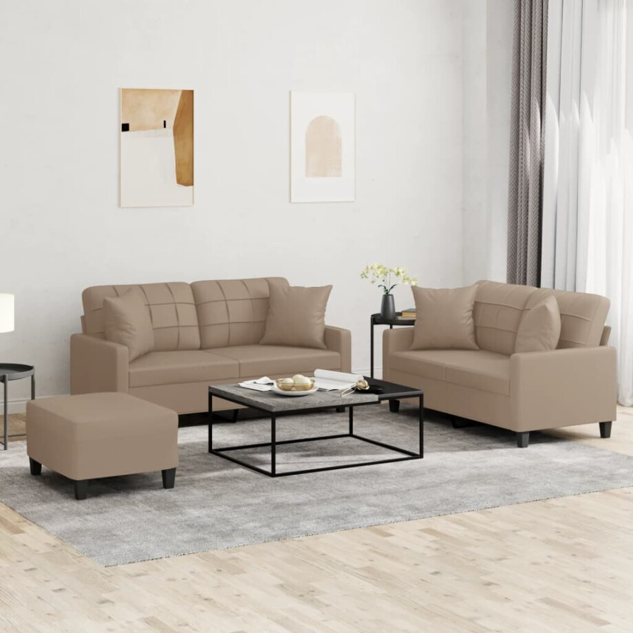 vidaXL 3-delige Loungeset met kussens kunstleer cappuccinokleurig afbeelding 1