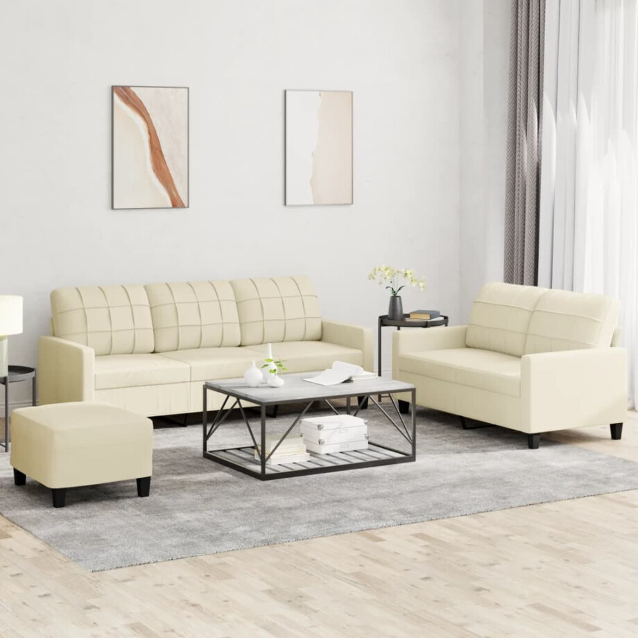 vidaXL 3-delige Loungeset met kussens kunstleer crème afbeelding 1