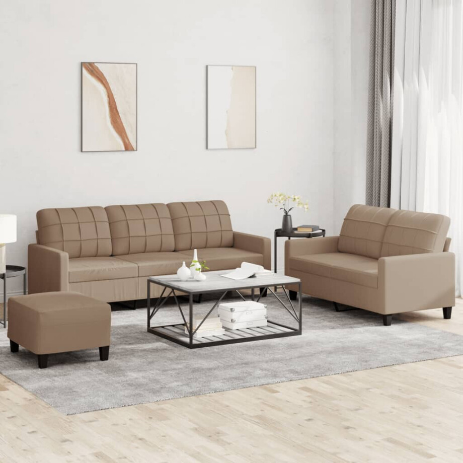vidaXL 3-delige Loungeset met kussens kunstleer cappuccino vidaXL 3-delige Loungeset met kussens kunstleer cappuccino afbeelding 1