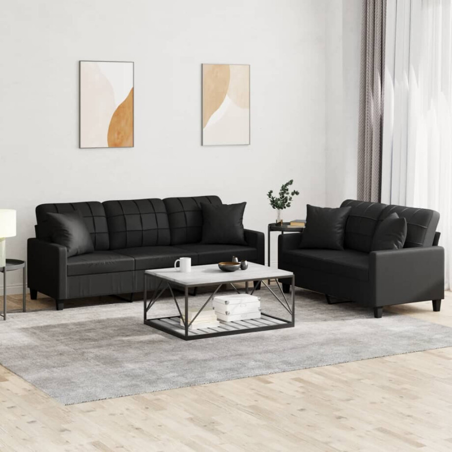 vidaXL 2-delige Loungeset met kussens kunstleer zwart afbeelding 1