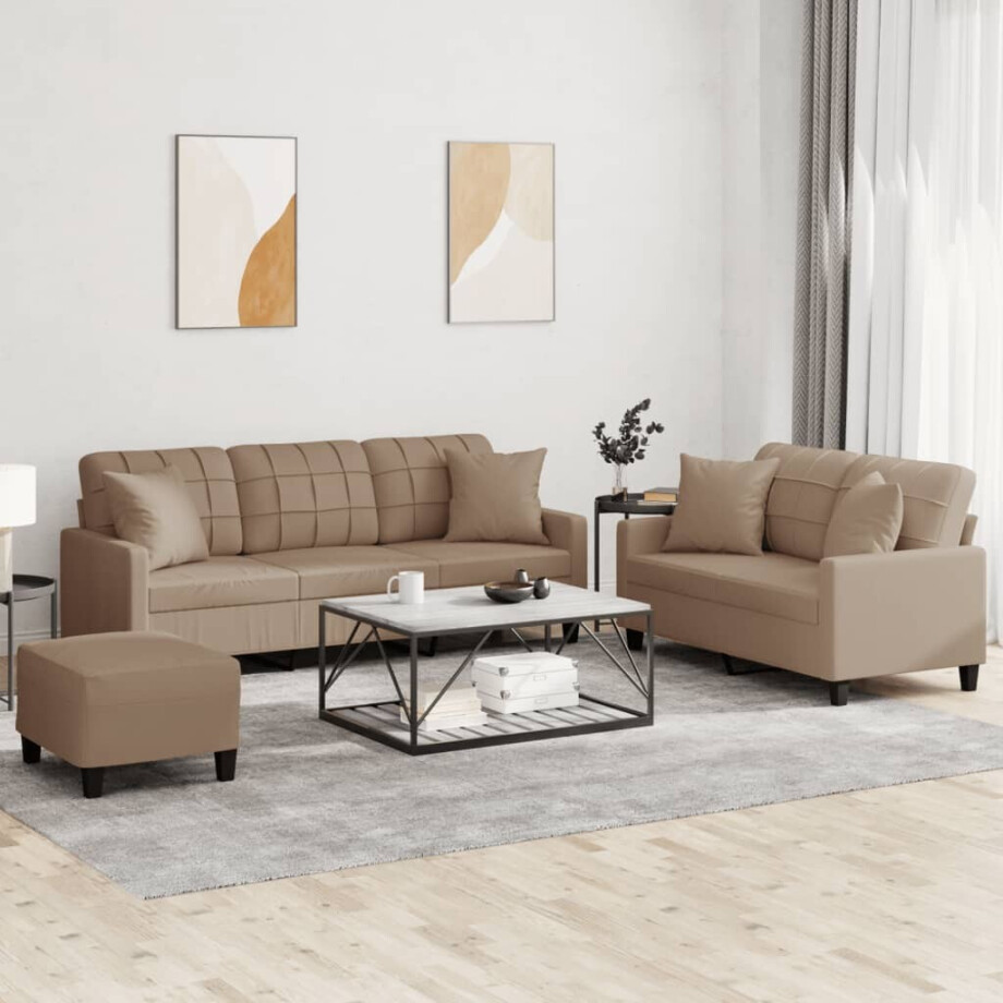 vidaXL 3-delige Loungeset met kussens kunstleer cappuccinokleurig afbeelding 1