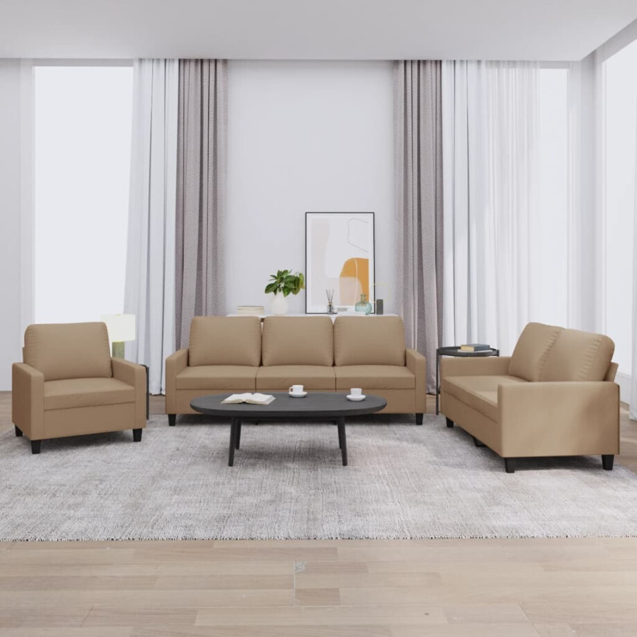 vidaXL 3-delige Loungeset met kussens kunstleer cappuccino afbeelding 1