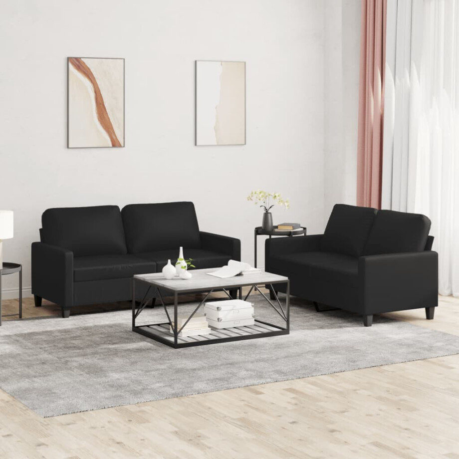 vidaXL 2-delige Loungeset met kussens kunstleer zwart vidaXL 2-delige Loungeset met kussens kunstleer zwart afbeelding 1