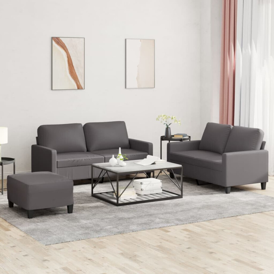 vidaXL 3-delige Loungeset met kussens kunstleer grijs afbeelding 1