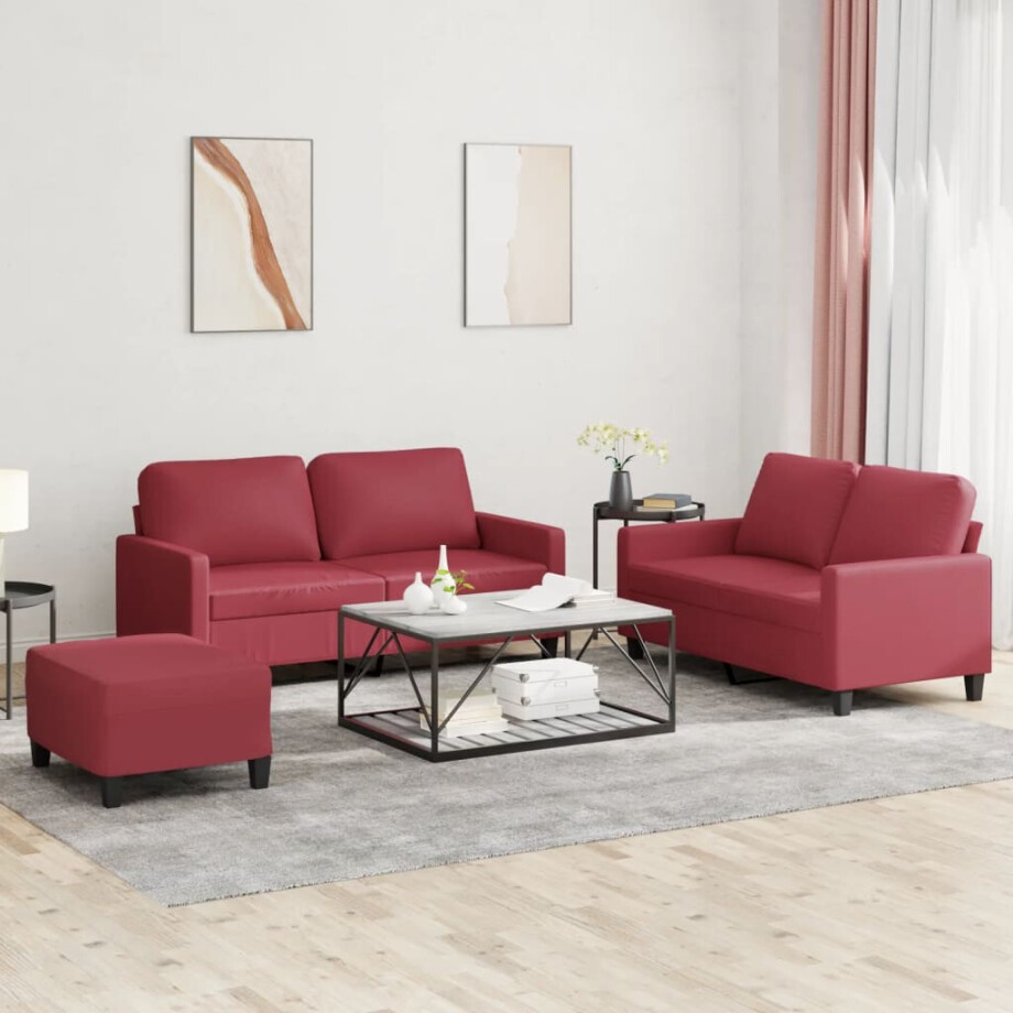vidaXL 3-delige Loungeset met kussens kunstleer wijnrood afbeelding 1