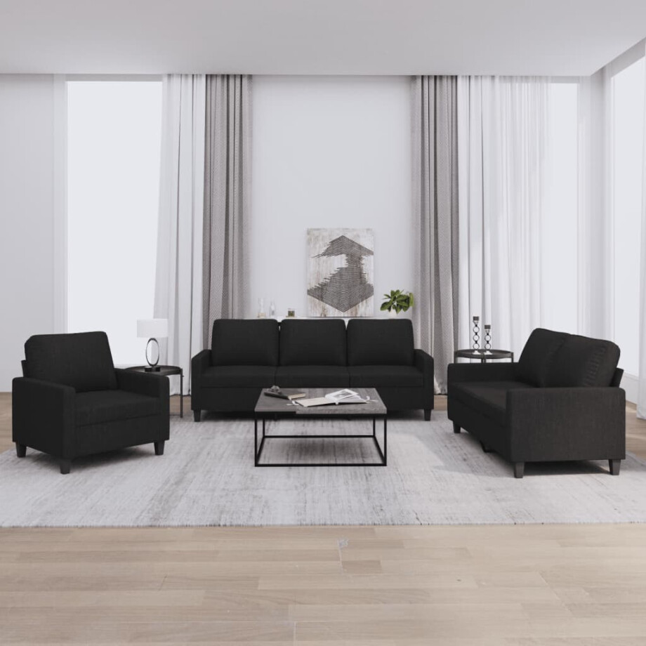 vidaXL 3-delige loungeset met kussens stof zwart afbeelding 1
