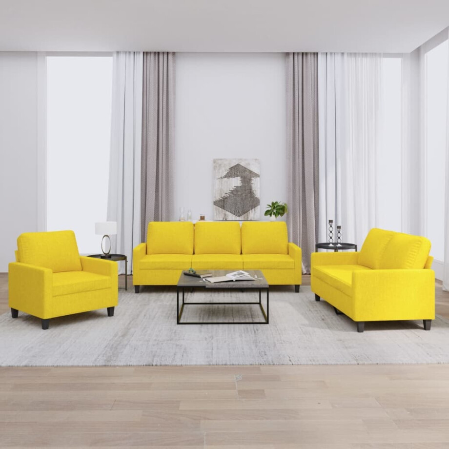 vidaXL 3-delige Loungeset met kussens stof lichtgeel vidaXL 3-delige Loungeset met kussens stof lichtgeel afbeelding 1