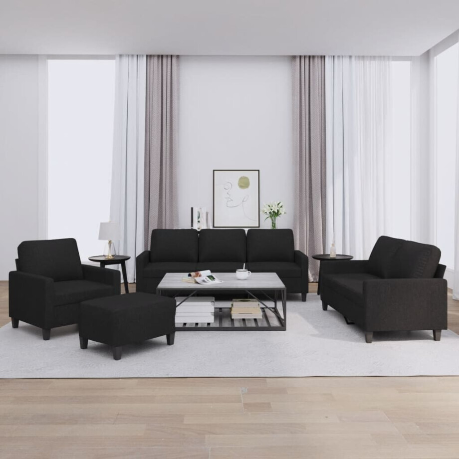 vidaXL 4-delige loungeset met kussens stof zwart afbeelding 1