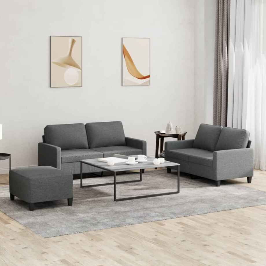 vidaXL 3-delige Loungeset met kussens stof donkergrijs vidaXL 3-delige Loungeset met kussens stof donkergrijs afbeelding 1