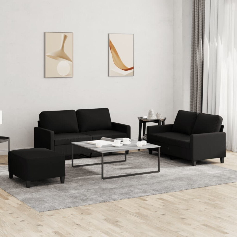 vidaXL 3-delige loungeset met kussens stof zwart afbeelding 1